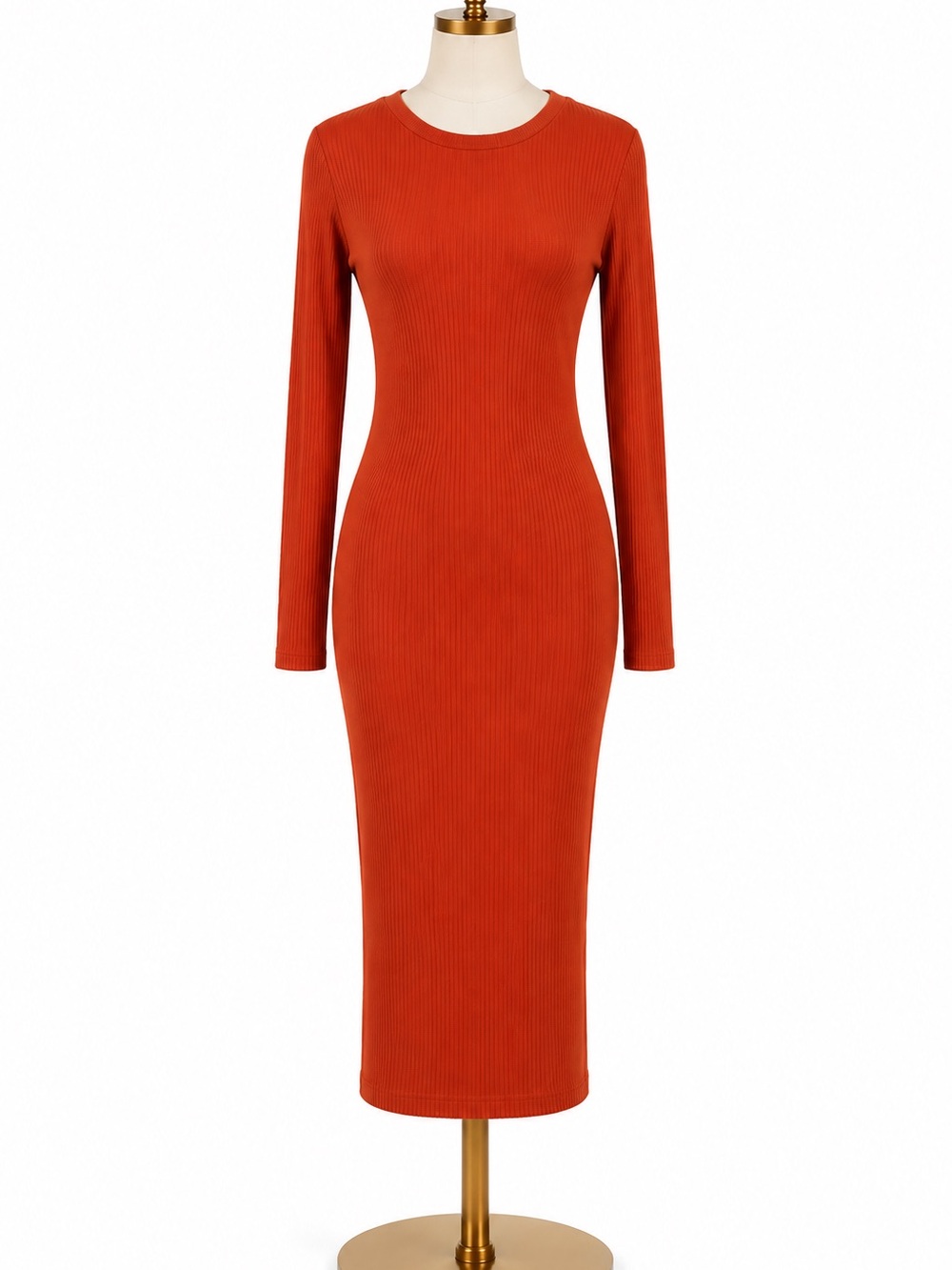 Long Sleeve Ribbed Midi Dress - Burnt Orange